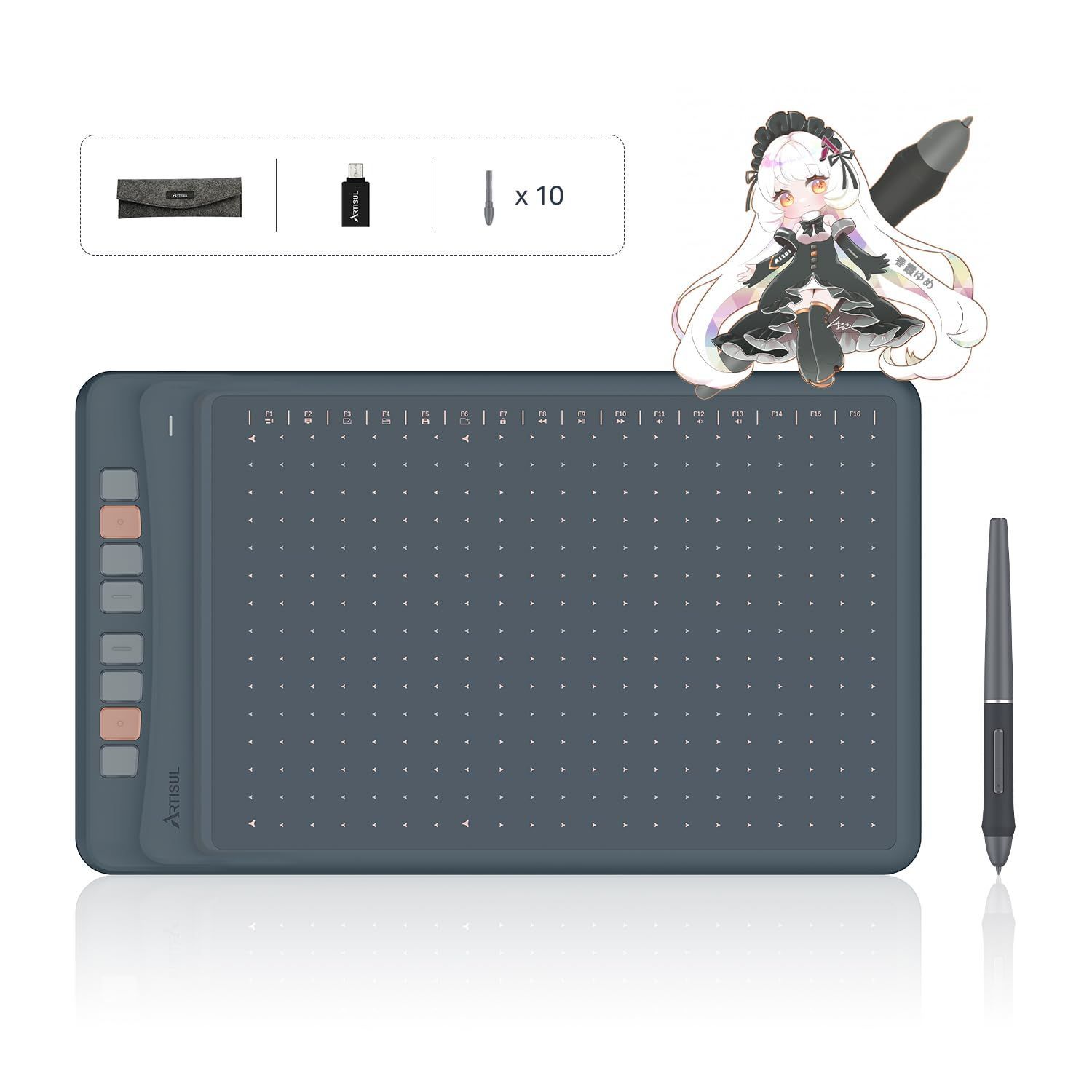 Artisul ペンタブ 板タブ スマホで使える板タブ 傾き検出 読取速度最大440PPS Windows/Mac/Android対応 オンライン授業 手書き入力 ペンタブレット 10×6.3インチ 【Artisul A1201】