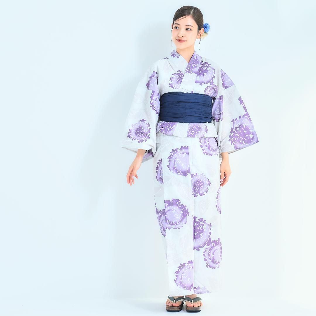 2点セット】浴衣 兵児帯付き レディース 白 紫 紫陽花 あじさい