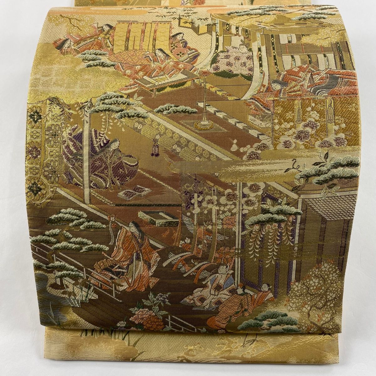 袋帯 秀品 春日局 御所風景 金糸 箔 ベージュ 全通 正絹