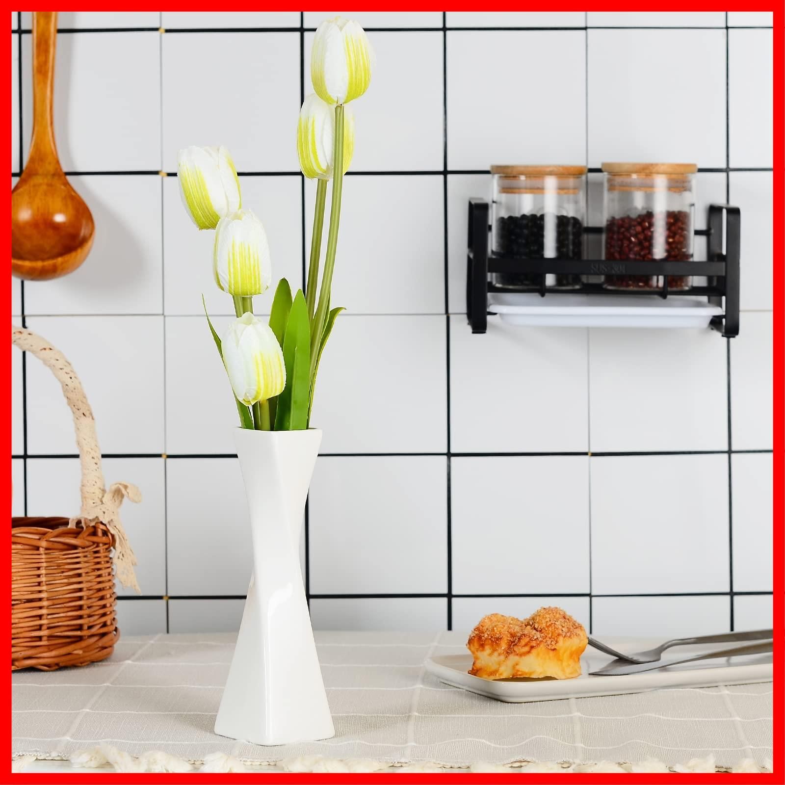 未使用・新品 手作り陶器 花瓶 白茶ストライプ furnitureworld_h-08-07