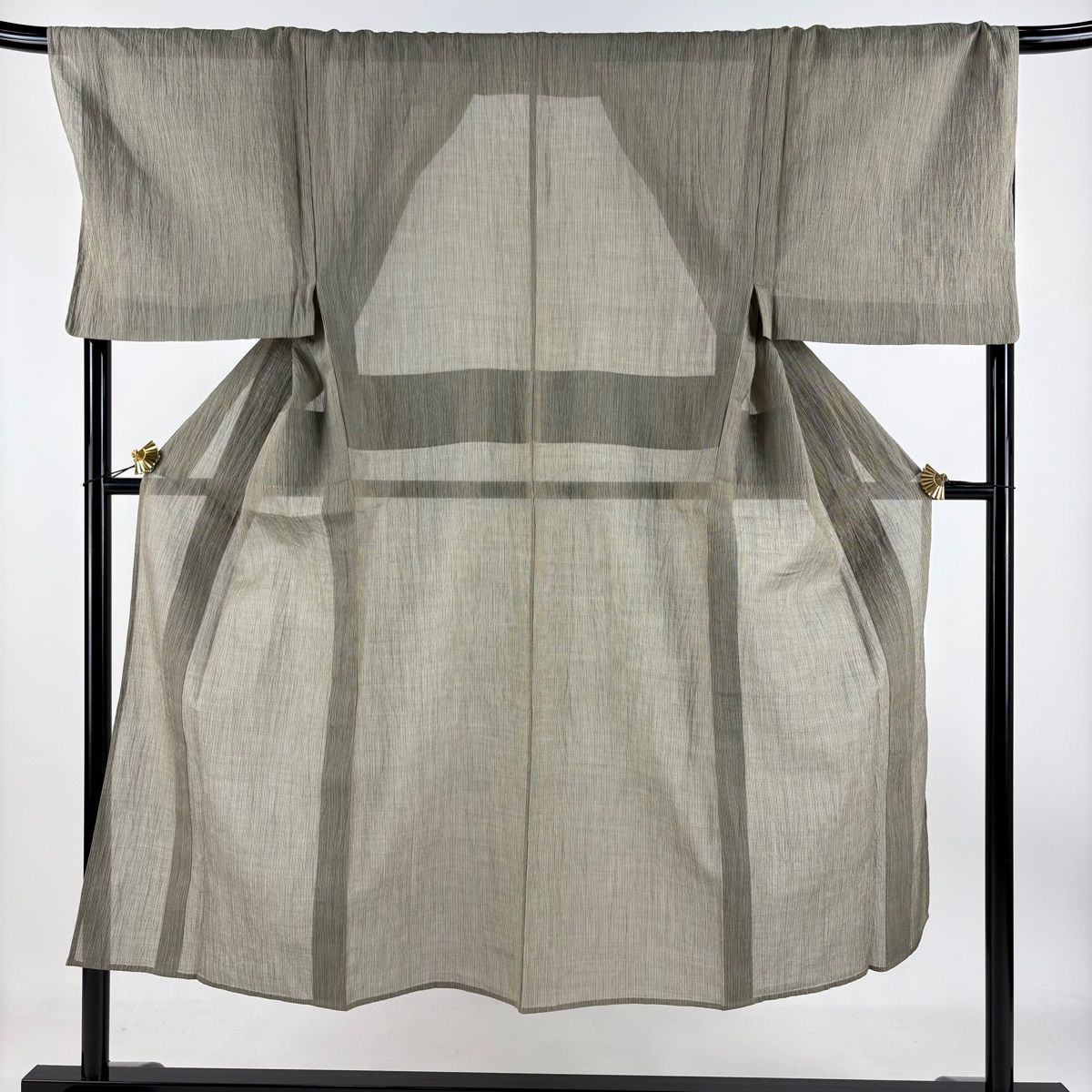 男着物 身丈145cm 裄丈71.5cm M 薄物 夏紬 縦縞 茶緑色 正絹 秀品