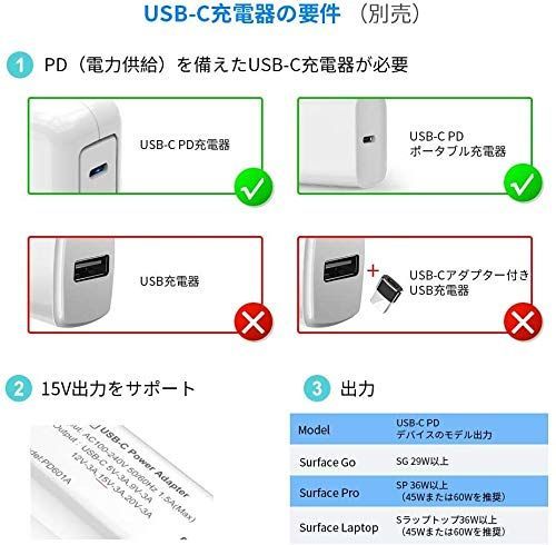 Surface 充電ケーブル (1.8m) USB-C オス 急速充電 45w15v以上のPD