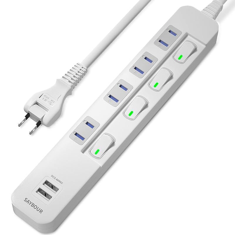 SAYBOUR USB 3.4A 付きタップ ホワイト 電源タップ 雷ガード 省エネ 個別スイッチ 4+2(AC差し込み口 +USBポート) (1m) 0