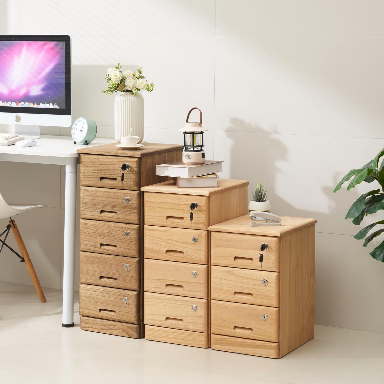 桐製 キャビネット 完成品 3段 収納 サイドキャビネット 電話台 A4紙対応 サイドワゴン 全段鍵付 キャスター 植物オイル塗装仕上げ ナチュラル