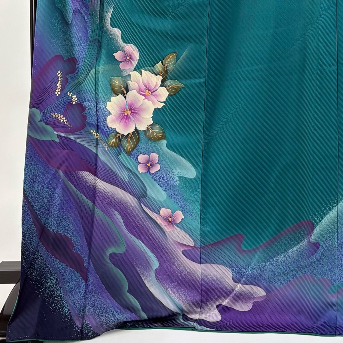 振袖 身丈172.5cm 裄丈70cm L 袷 草花 霞 金彩 青緑 正絹 名品