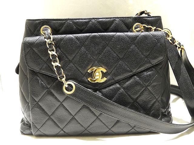 ヴィンテージ シャネル マトラセ チェーン ショルダー トートバッグ ブラック キャビアスキン ココマーク レディース ポケット 7I
