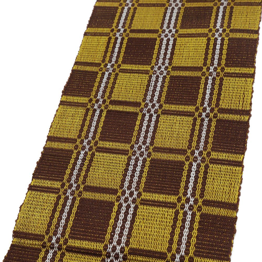 超美品　正絹　半幅帯　着物　本場　黄八丈　茶色　黄色　シンプル　ボーダー 305 半幅帯 本場黄八丈 正絹 格子 黄色 茶 仕立て上がり 新古品 カジュアル
