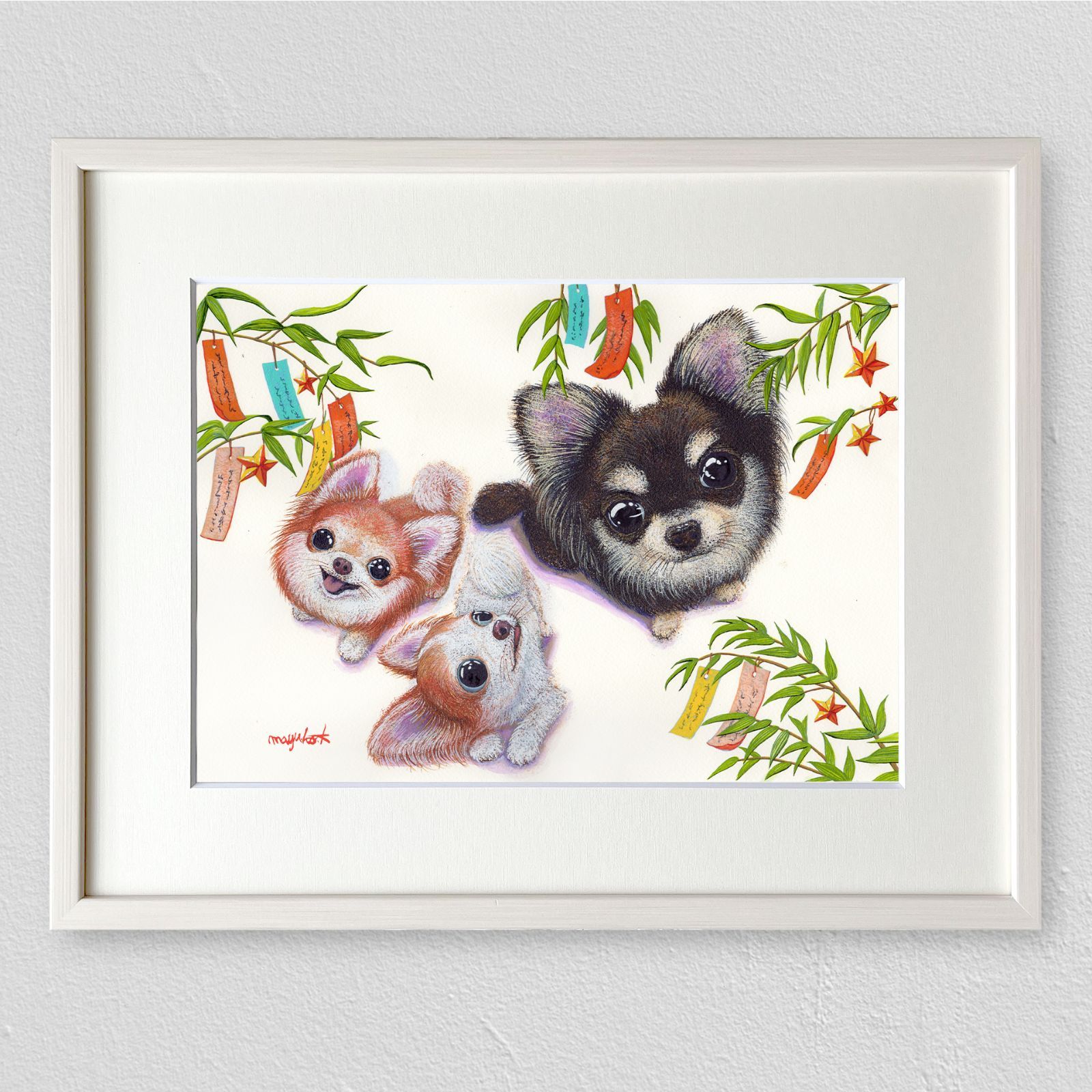 チワワ】うちの子絵画『天までとどけ』イラスト（額・マット付き