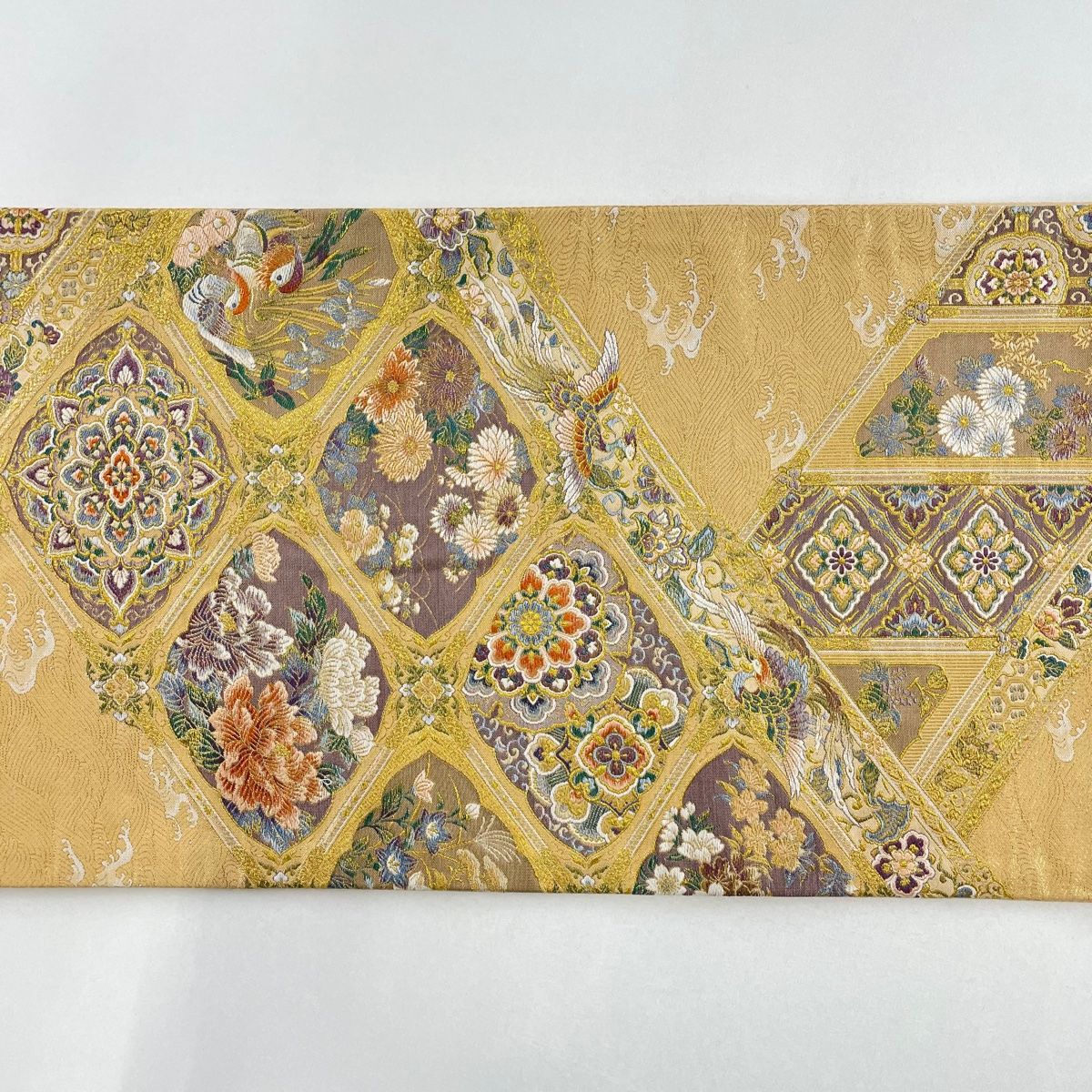 袋帯 秀品 菱格天井 花鳥 金糸 箔 ベージュ 六通 正絹 【中古