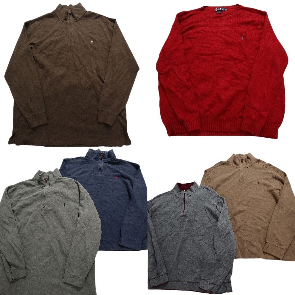 古着卸 まとめ売り ラルフローレン ニットMIX セーター 6枚セット (メンズ 2XL ) ハーフジップ ワンポイントロゴ レッド ブルー MW3935