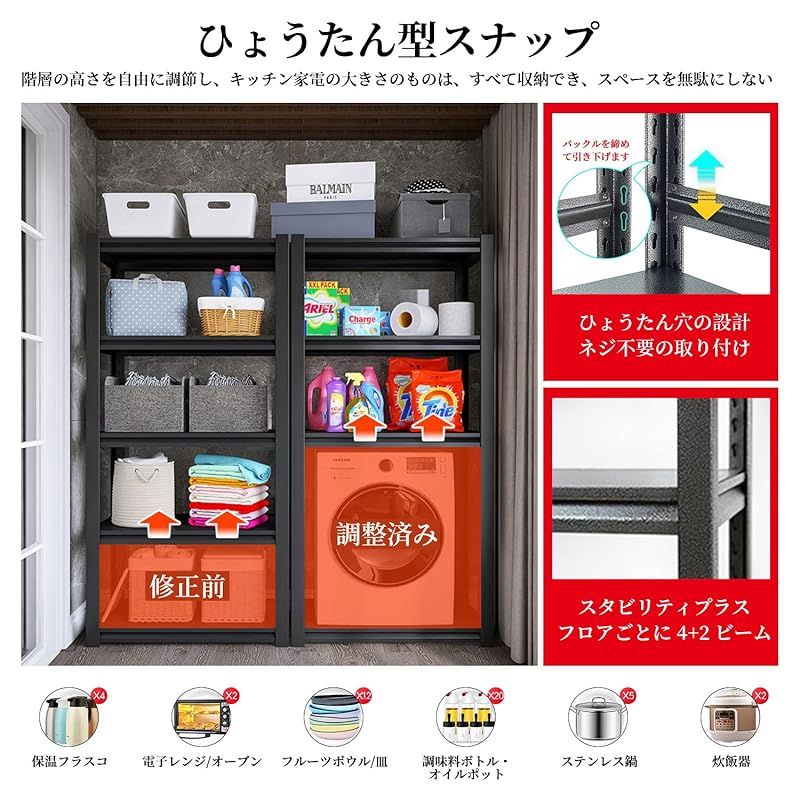 PTUWODS スチールラック本体 高耐荷重収納棚 メタルラック 組立簡単 高さ調整 自由に組み合わせ 収納ラック キッチン 物置 倉庫 ガレージ 80*40*160cm