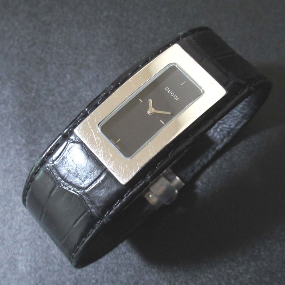美品 GUCCI グッチ クォーツ 2針式 クロコダイルレザー バングル