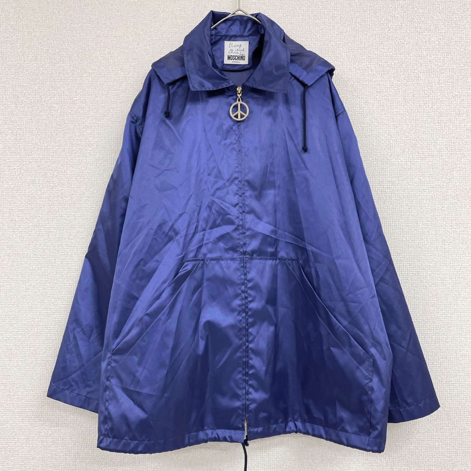 MOSCHINO モスキーノ ナイロンジャケット ピースジップ パーカー バックロゴプリント フード ポリエステル ブルー レディース 9号
