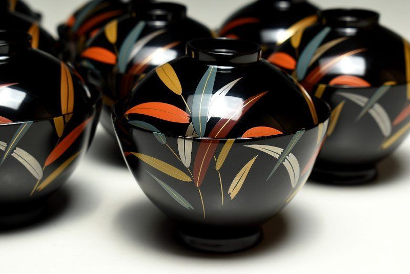 蔵C9514b 木製漆器 色笹文蒔絵 吸物椀 汁椀 十客