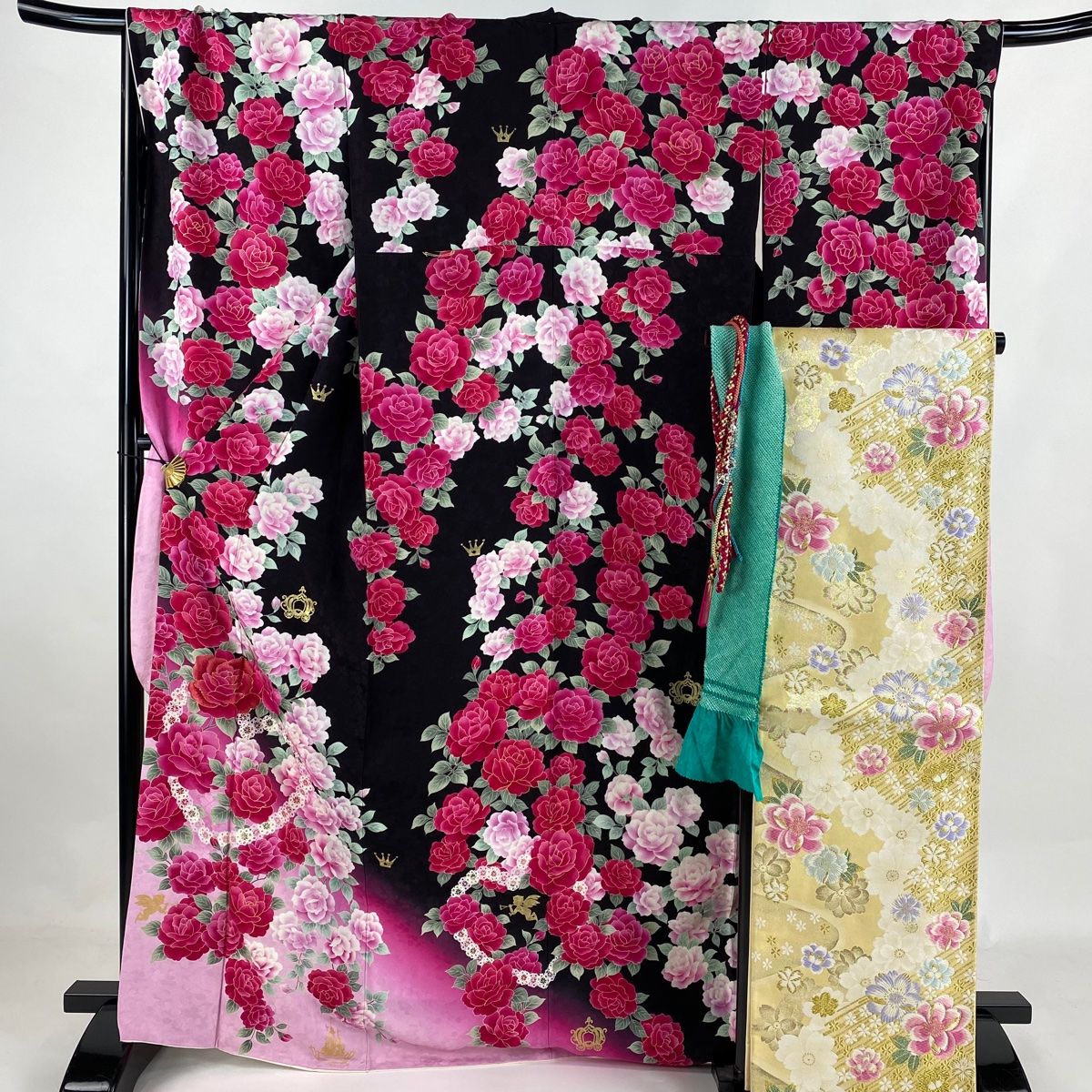 振袖 身丈169cm 裄丈70cm L 袷 袋帯フルセット Seiko Matsuda 薔薇 馬車 金彩 刺繍 墨色 正絹 名品