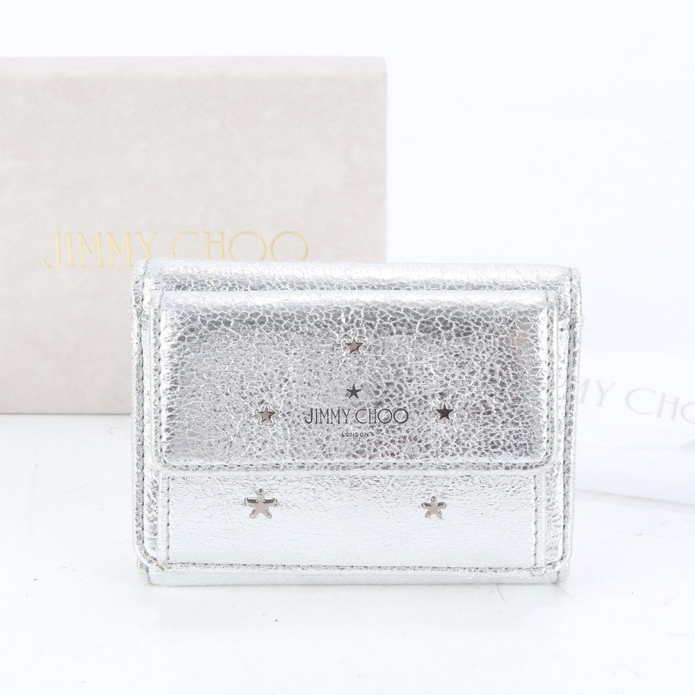 極美品 ジミーチュウ ホログラムシール付 ネモ スター スタッズ レザー 三つ折り 財布 コンパクト ウォレット レディース EUE CP21-8【中古】