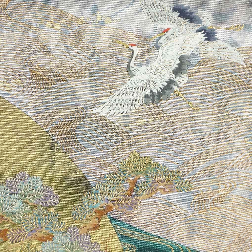 袋帯 幅31cm 長さ436cm レディース 鶴 秋冬春用 正絹 シルク シルバー ♥品 リメイク リユース リサイクル 呉服のきくや