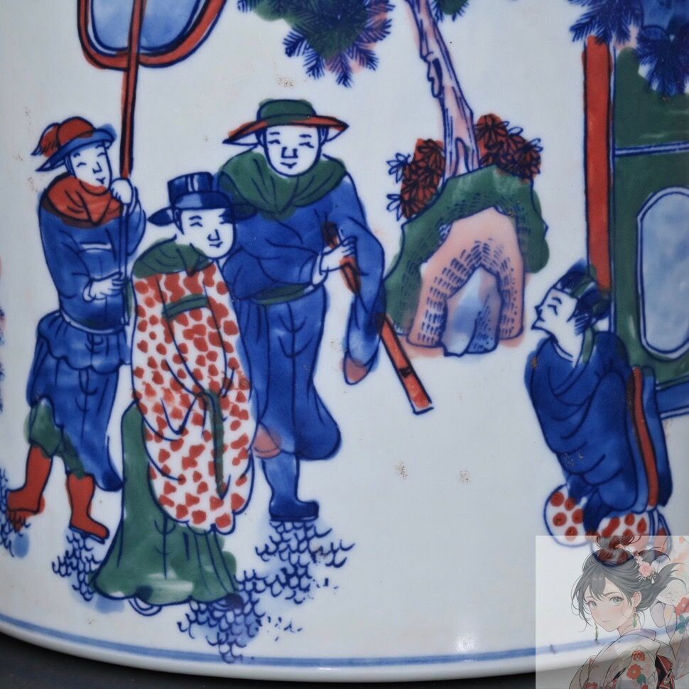 旧家蔵出　清国時代　大型 康熙青花瓷 逸品　陶器　置物 旧家蔵出し 大清康熙年製 青花 加彩 人物紋 筆筒 古陶瓷器 陶芸