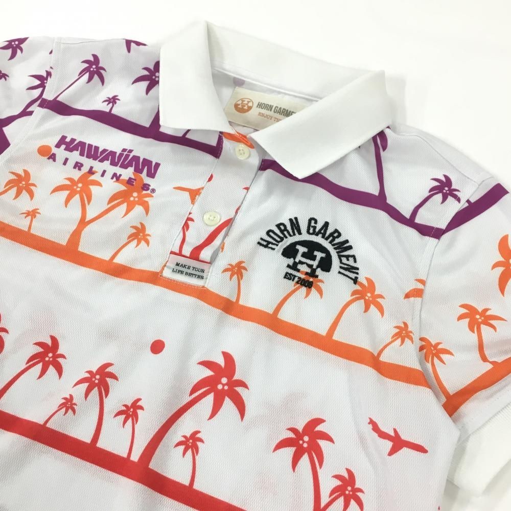 超美品】ホーンガーメント 半袖ポロシャツ 白×マルチカラー ヤシの木柄