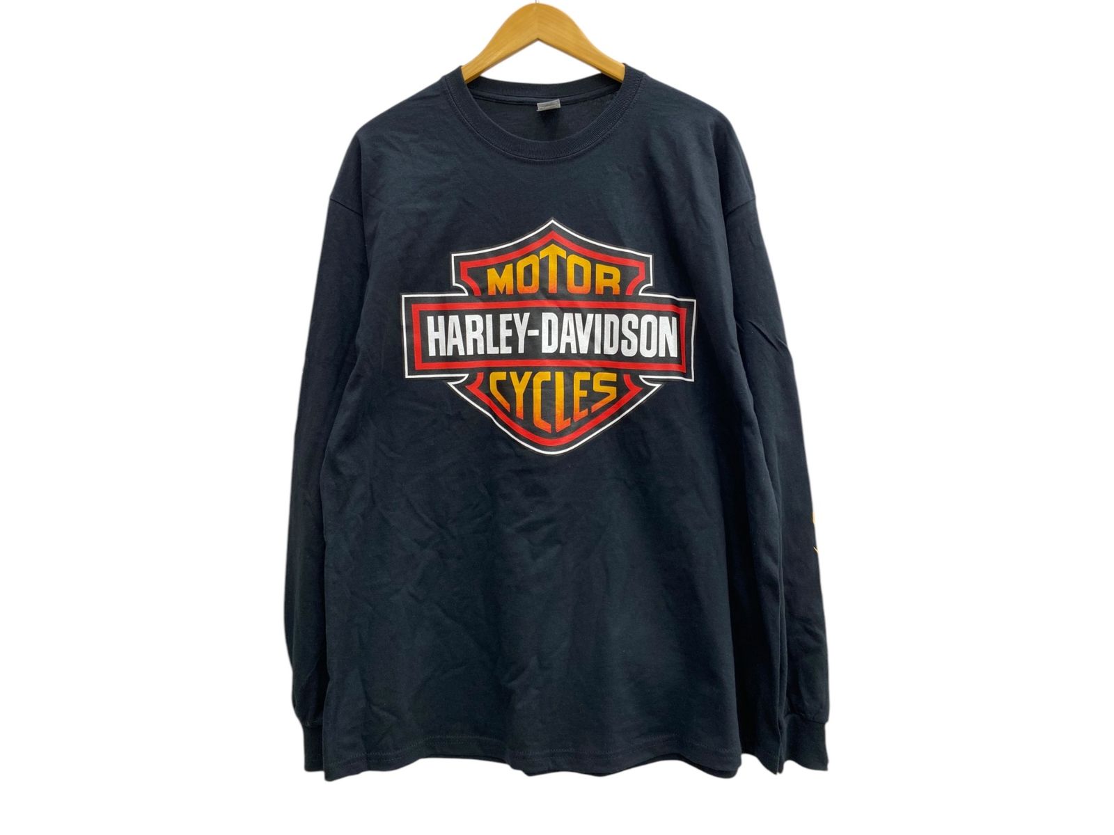 HARLEY DAVIDSON (ハーレーダヴィッドソン) 長袖Tシャツ ロンT 袖プリ ファイヤーパターン コットン100％ ホンジュラス製 XL ブラック 黒 メンズ/009