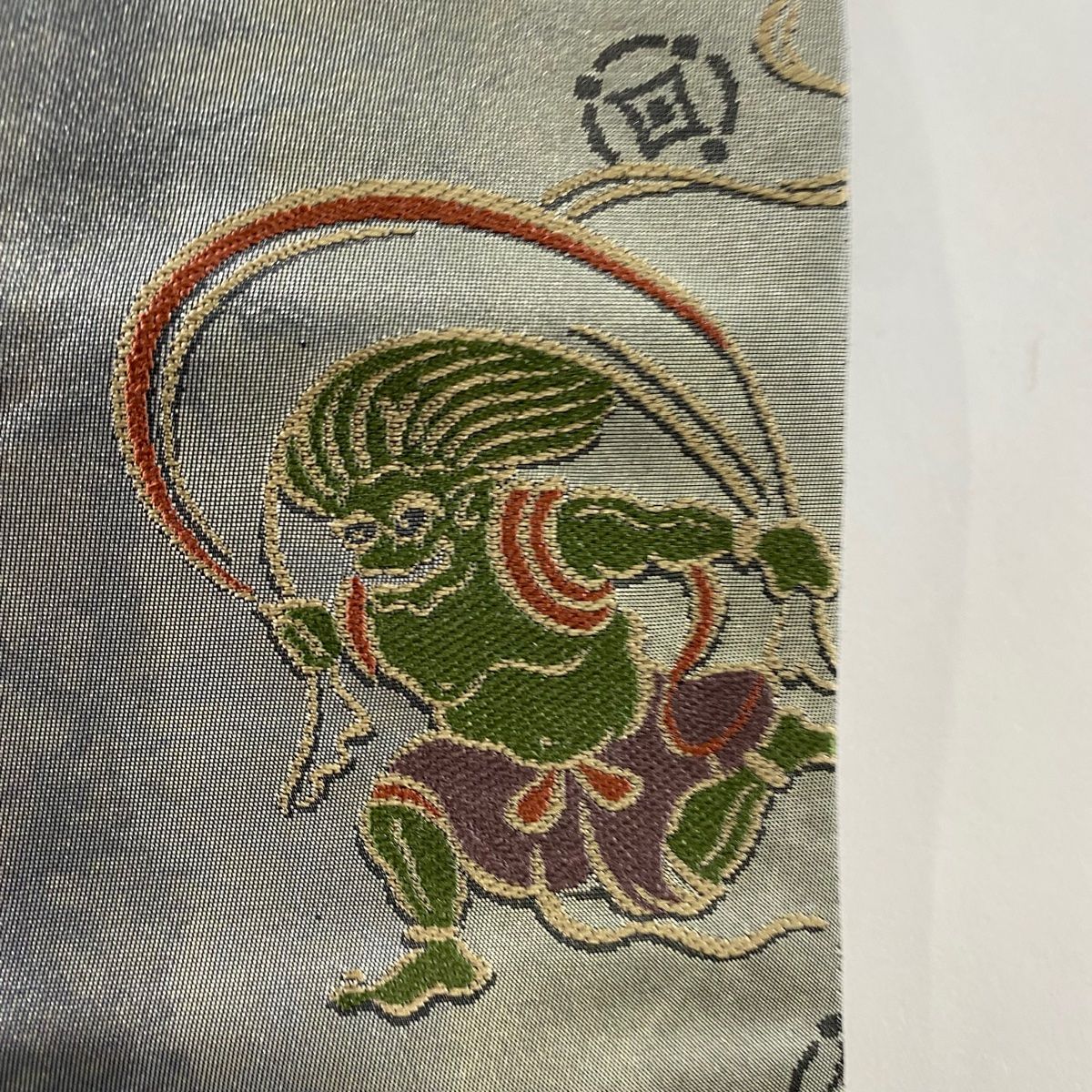 袋帯 風神雷神 箔 灰緑 六通 正絹