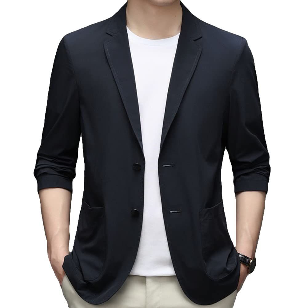 2XL_ネイビー チーアン Ｔｉａｎｎ 夏用ジャケット メンズ アイスシルクジャケット 接触冷感 テーラードジャケット 大きいサイズ サマージャケット スーツジャケット ブレザー 薄 ストレッチジャケット 薄手 ビジネスジャケット 涼しい 吸水速乾 軽量