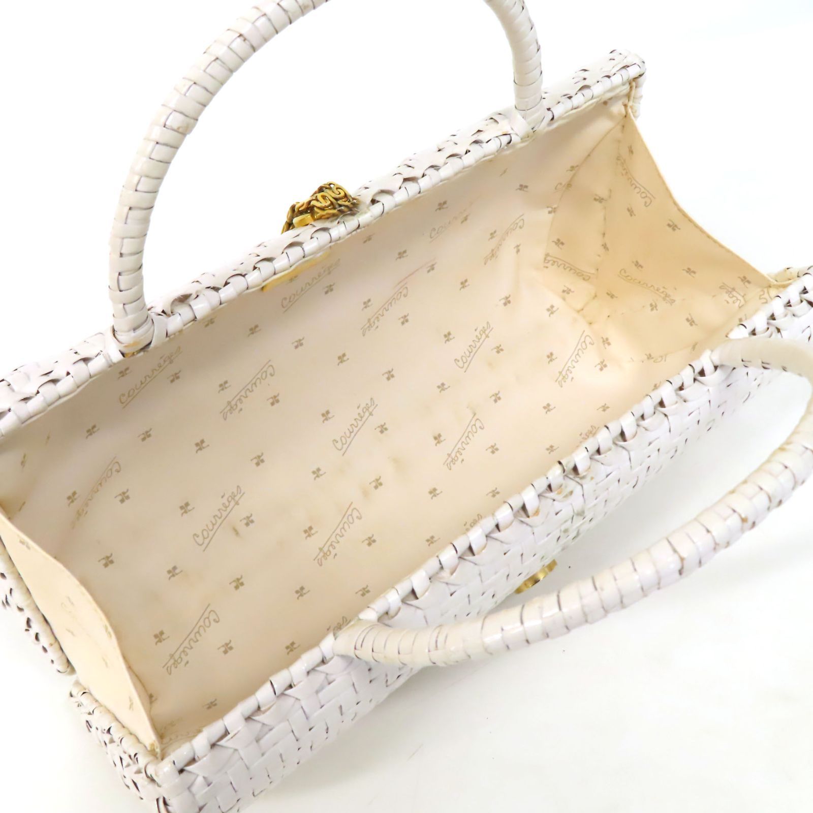 oe25106 Courreges クレージュ 美品 ロゴ金具 籐 編み込み ラタン 