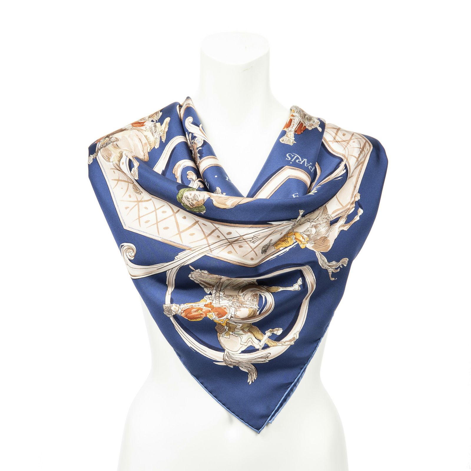 HERMES エルメススカーフ青 ベージュ 茶色 ツイルシルクA