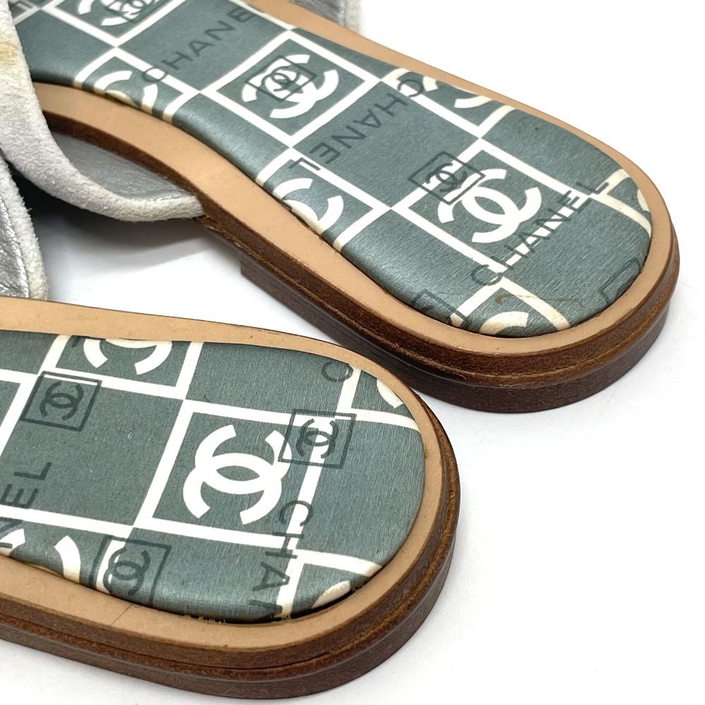 シャネル CC ココマーク ペタンコ フラット サンダル ウッド グリーン  