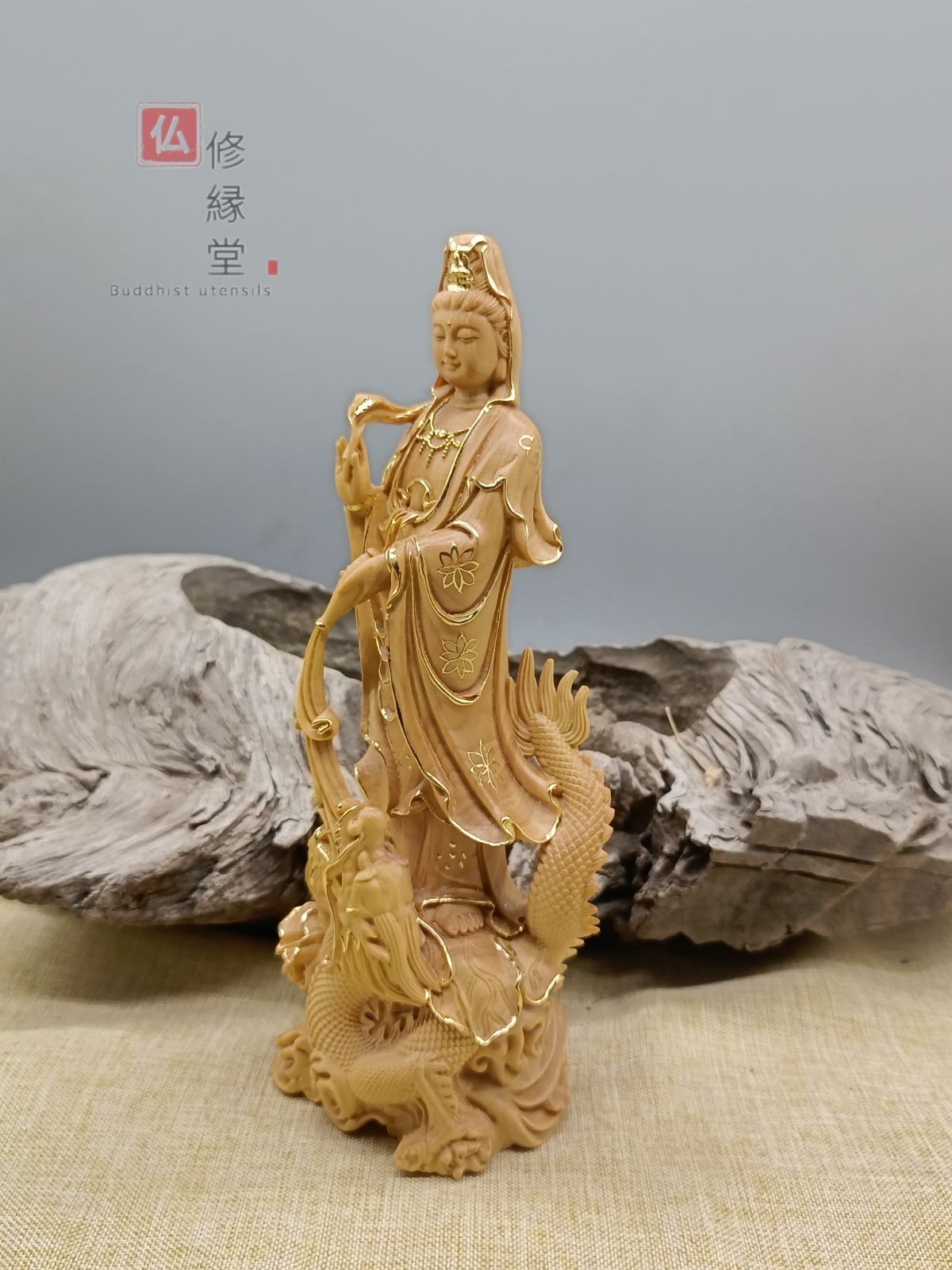 修縁堂】極上品 木彫仏像 御龍観音菩薩立像 彫刻 本金 切金 崖柏 仏教 