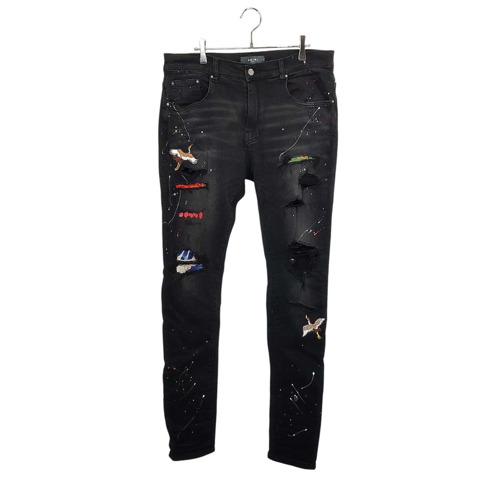 AMIRI アップリケ ダメージ ペイントスプラッター ジーンズ 人気 AMIRI アミリ 鶴ワッペン ペイント ダメージ デニム RN 150712