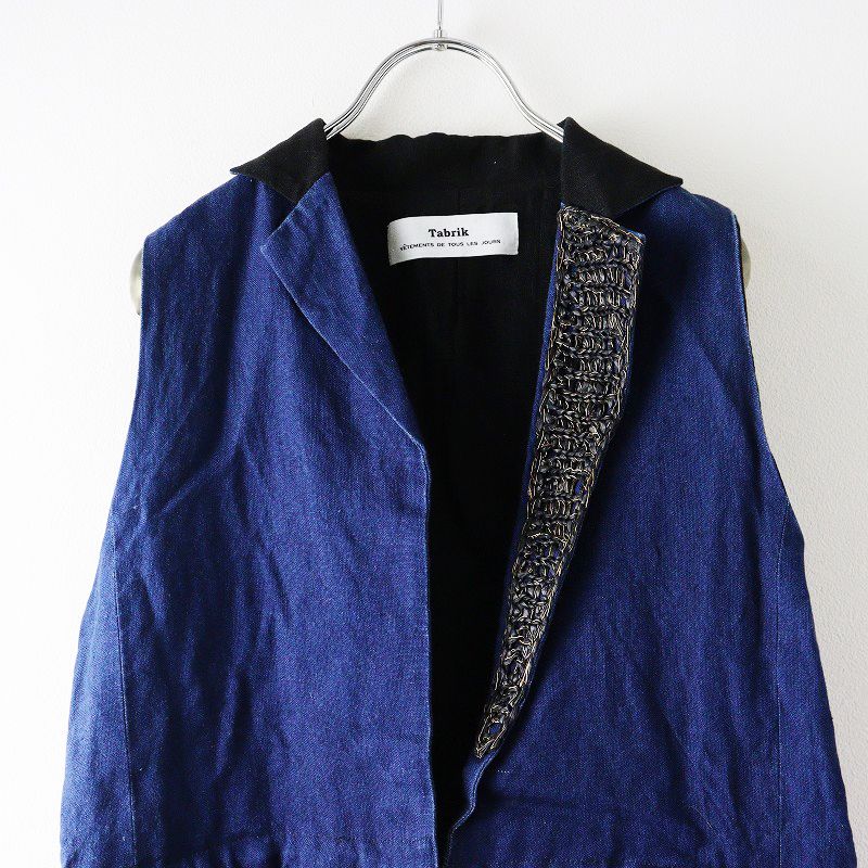 インディゴ染めリネンベストドッキング切替ノースリーブワンピース