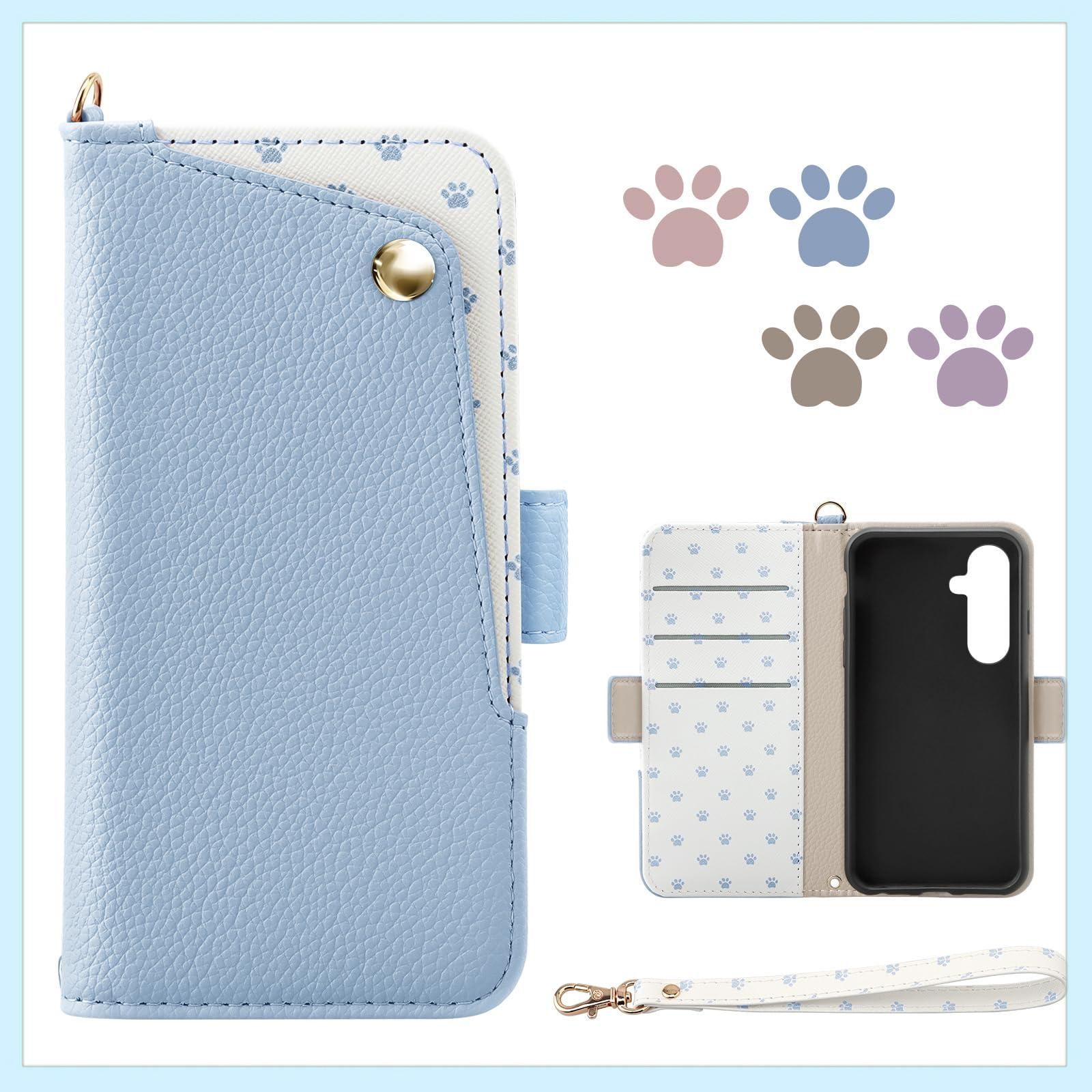 Galaxy S24 ケース 手帳型 ギャラクシー s24 ケース 可愛い 猫 足跡 SC-51E / SCG25 カバー 女性 マグネット式 SM-S921U スマホケース カード入れ収納 横置きスタンド機能 サムスン S24 用 スマホケース 