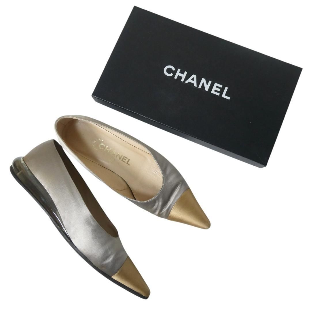 CHANEL シャネル サイズ37 約24㎝ バイカラー サテン ロゴ ポイン