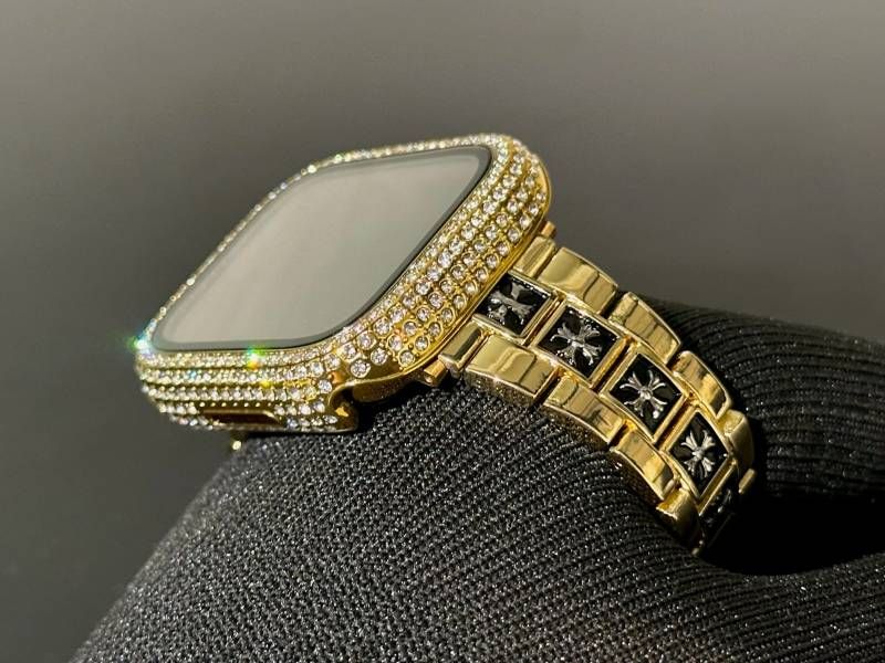 ゴールド Apple Watchメタルバンド glassパヴェカバー アップルウォッチ ステンレスベルト クロスデザイン リンクブレスレット 画面保護ケース キラキラ メッキ 41mm42mm44mm45mm46mm49mm ultra ウルトラ