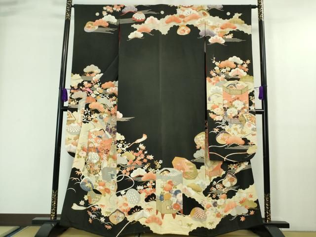 大正ロマン　縮緬　友禅 平和屋着物○アンティーク 大正ロマン 黒留袖 型友禅 両妻 飛鶴