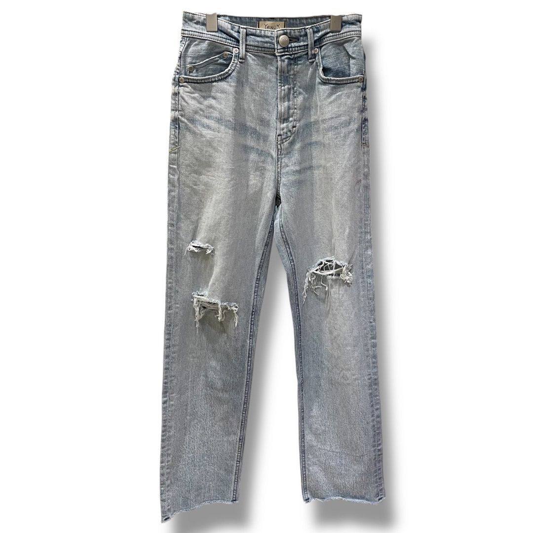 YANUK ヤヌーク ボーイズストレートLEAデニムパンツ 57121231 ダメージ加工 ヴィンテージ加工 古着風 カジュアル DMF ダメージフロスト 24インチ Sサイズ レディース 夏 ゴーゴー古着セントラルパーク名古屋店No.376