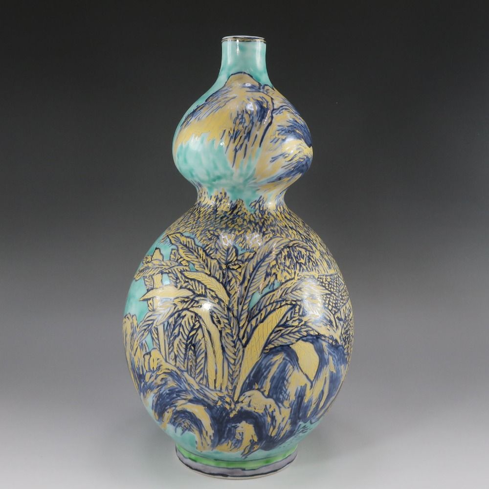 緑地金彩山水図瓢花瓶 陶磁器