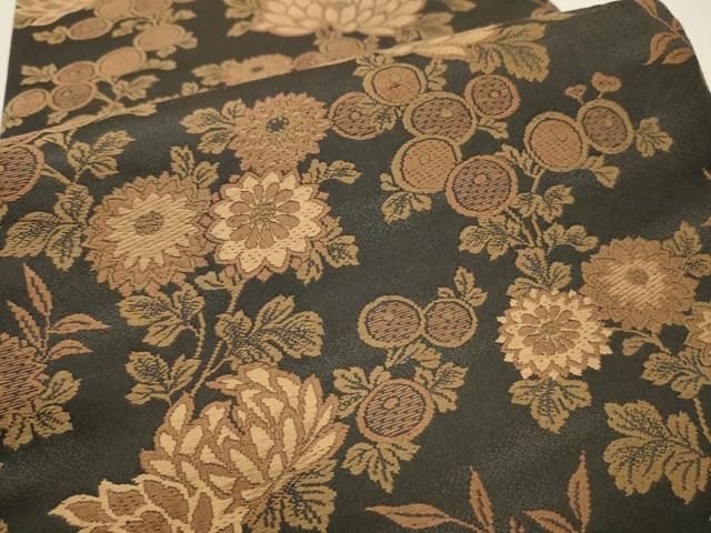 平和屋着物○六通柄袋帯 唐織 草花文 黒地 正絹 逸品 CAAT0963hy