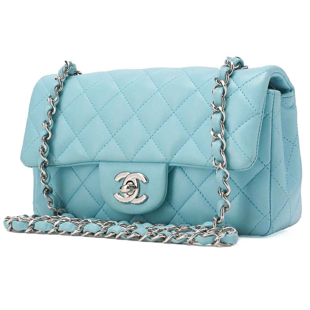CHANEL シャネル チェーンショルダーバッグ ミニマトラッセ 20cm ラムスキン シングルフラップ ターンロック ライトブルー シルバー金具 レディース