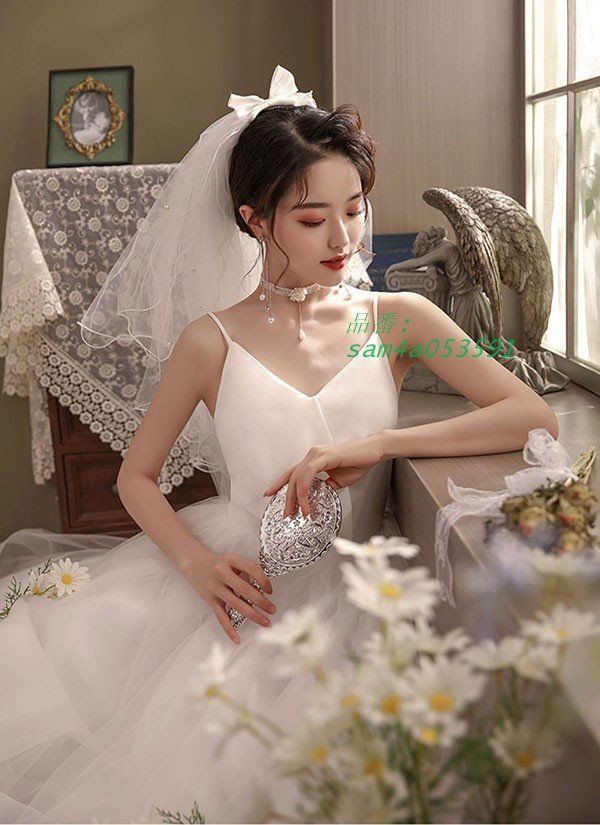 ウェディングドレス ホワイト 白 ロングドレス シンプル 袖あり 背中開き 花嫁 結婚式 編み上げ お呼ばれ 披露宴 am4a053591