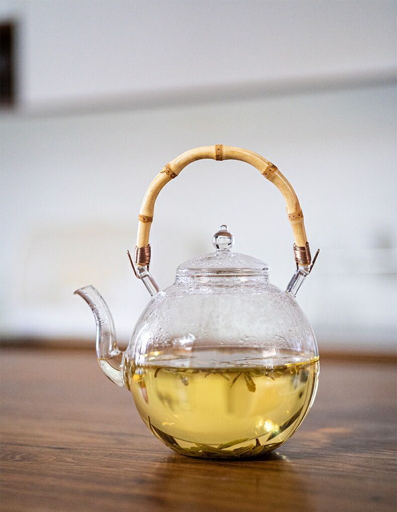 ガラスケトル 900ml 耐熱 ガラス ティーポット 竹の持ち手 まんまる