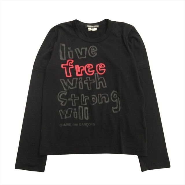 11aw コムデギャルソン COMME des GARCONS live free with Strong will ウール ロング Tシャツ カットソー ニット 長袖 プリント XS 黒 ブラック レディース