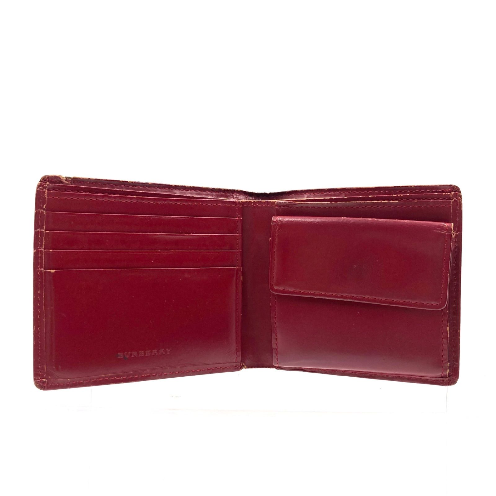 BURBERRY　レッド レザー 三つ折り財布 BURBERRY バーバリー ミニ財布 二つ折り 三つ折り 可愛い 赤 レッド