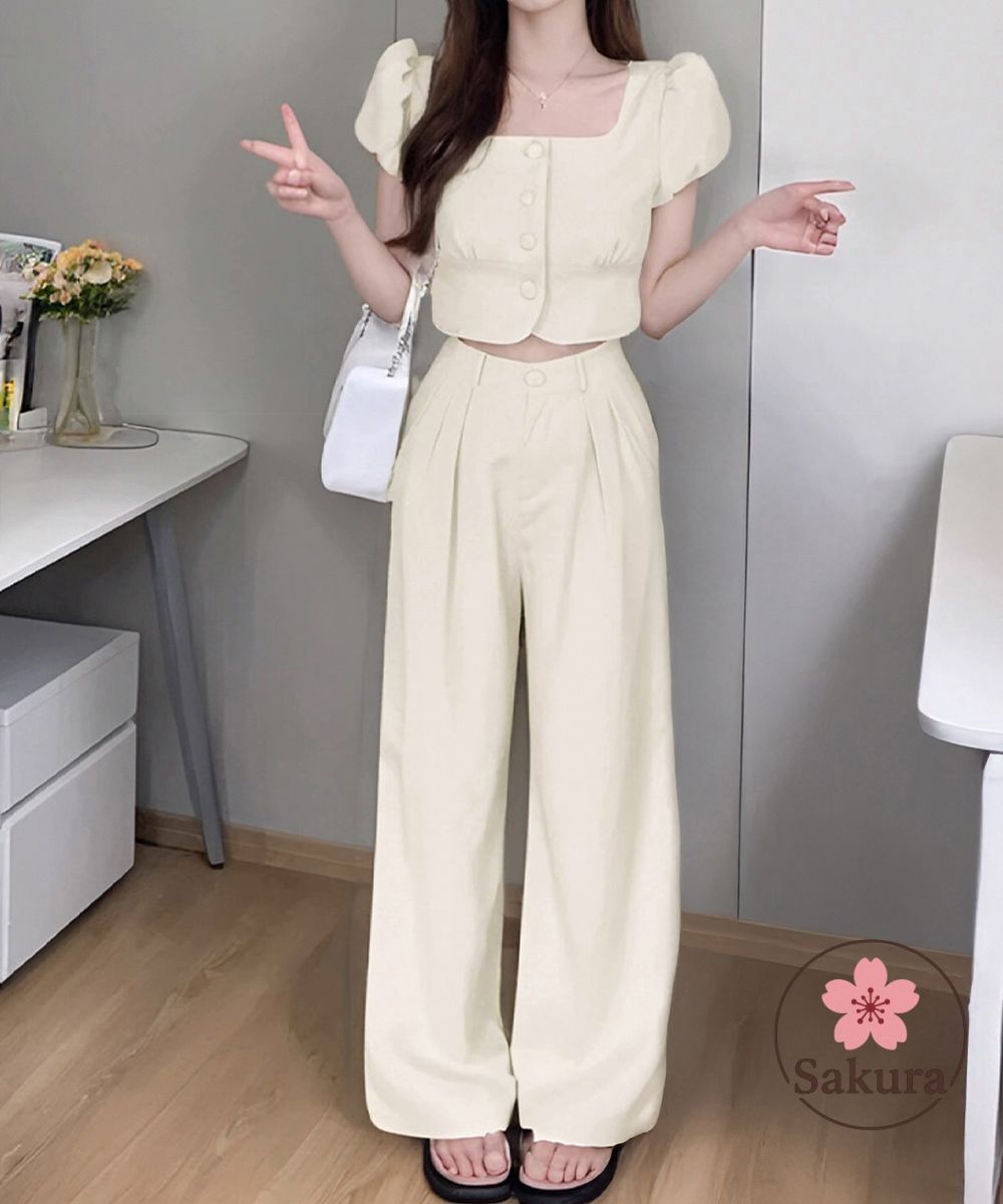 無地上下セットパフスリーブ半袖トップスワイドパンツ セットアップ 春夏 半袖 トップス ワイドパンツ レディース