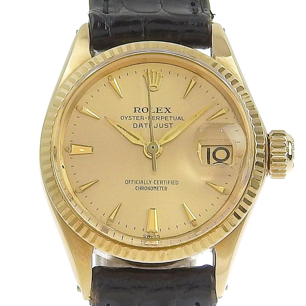 【ROLEX】ロレックス オイスターパーペチュアル デイト cal.1130 6517 K18イエローゴールド×レザー 黒 自動巻き レディース  ゴールド文字盤 腕時計