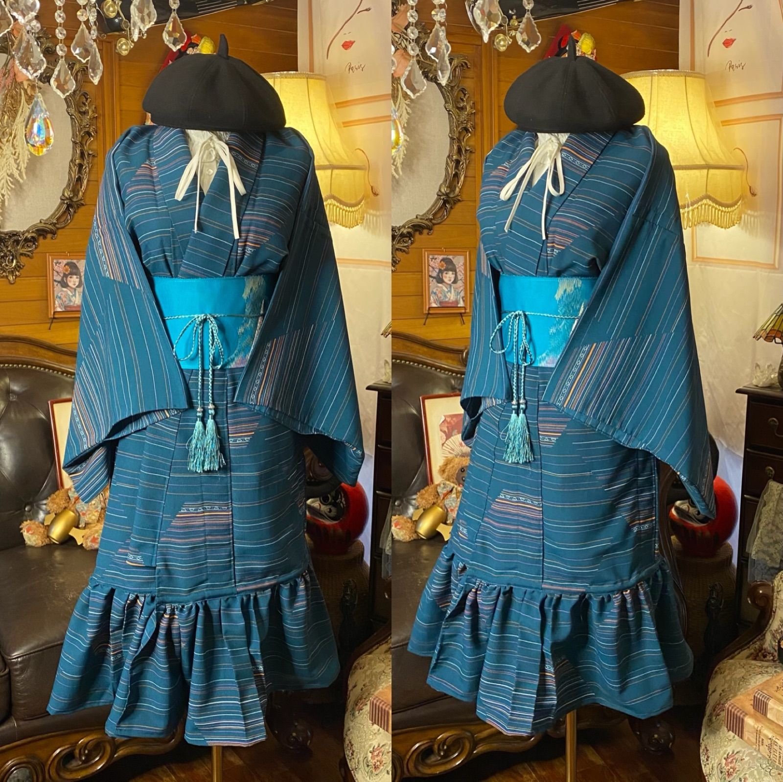 着物 2way ガウン 羽織り ドレス ワンピース ハンドメイド 和洋折衷 洗える 化繊 リメイク 名古屋帯サッシュベルト レトロ 古着 深い青緑 ピーコックブルー寄り KD-57