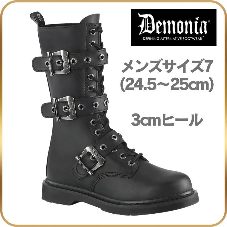 24.5 25 cm demonia デモニア ロングブーツ フラットヒール 3cm ヒール 黒 ブラック 合皮 つや消し ベルト バックル レースアップ ジッパー コンバットブーツ パンク 靴 レディース メンズ BOLT-330 BOLT330 BVL