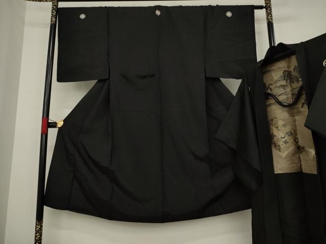 平和屋着物●男性 黒紋付 長羽織セット 正絹 ck