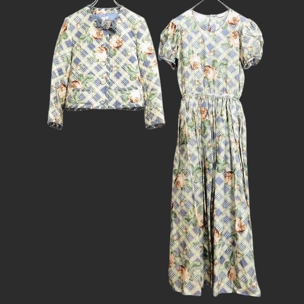 au カネコイサオ KANEKO ISAO セットアップ チェック柄 バラ柄 ジャケット ワンピース スカート 2000年 カタログ掲載 970935 k01